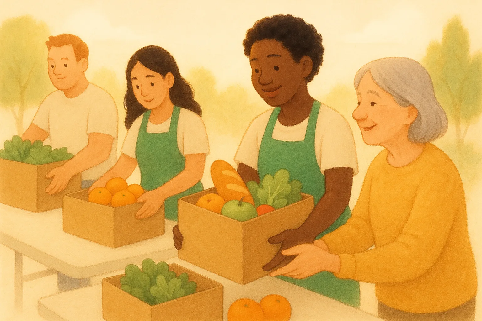 Volunteers sharing food together