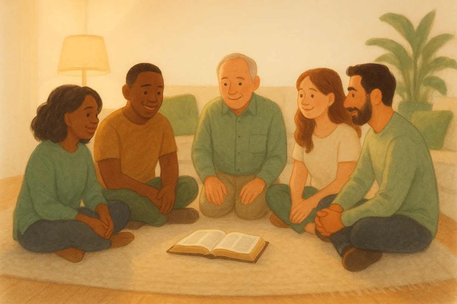 Friends gathered around a table in a warm living room.