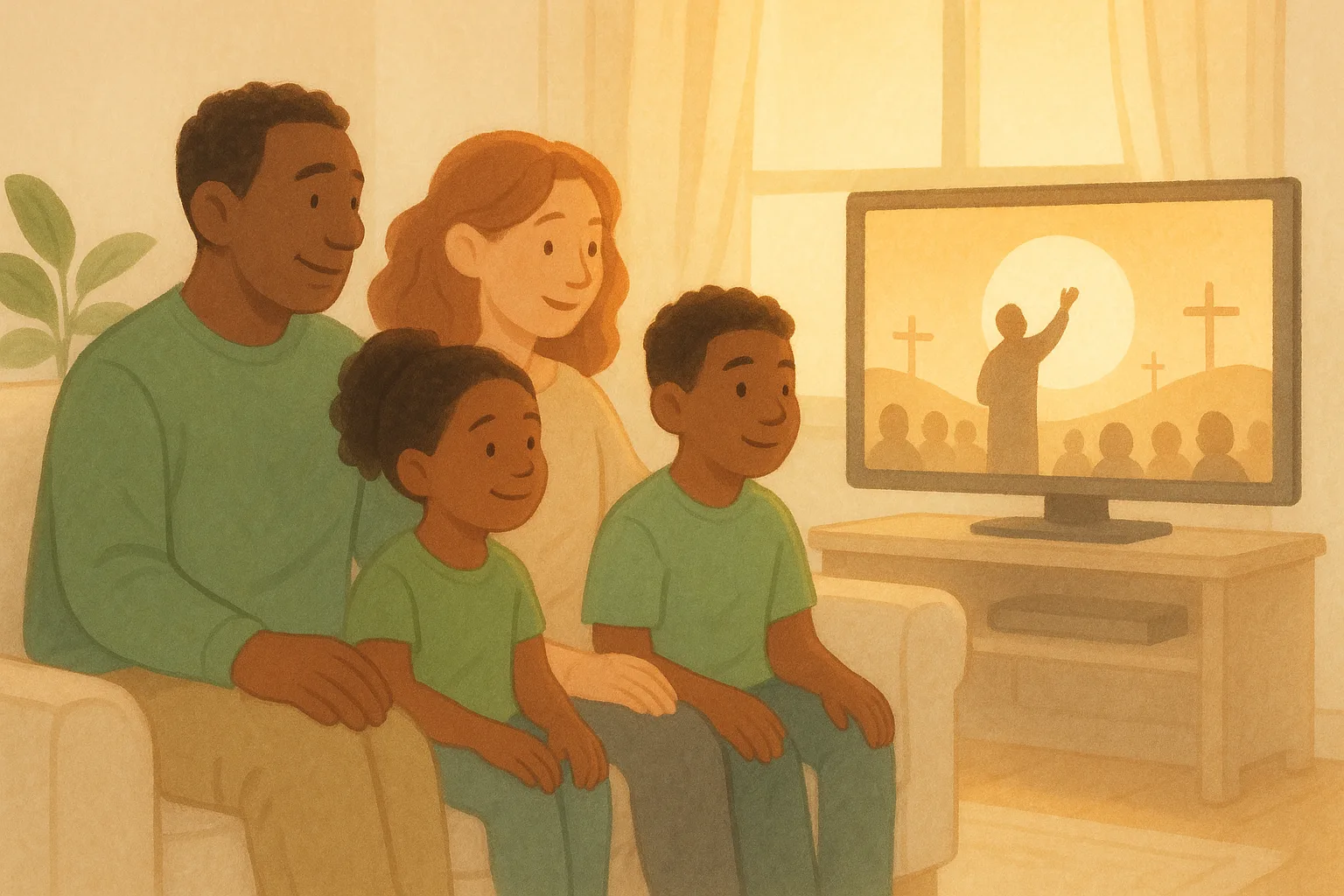 A person watching a worship service on a laptop at home.