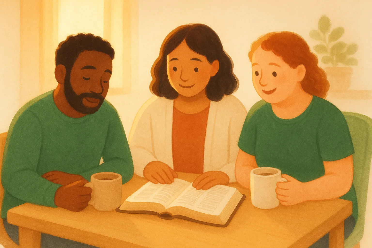 Friends studying the open Bible together around a table.