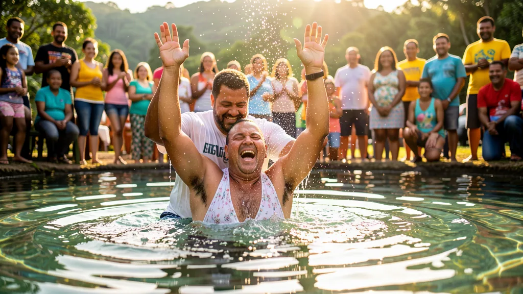 A joyful baptism in open water, with people cheering on the shore
