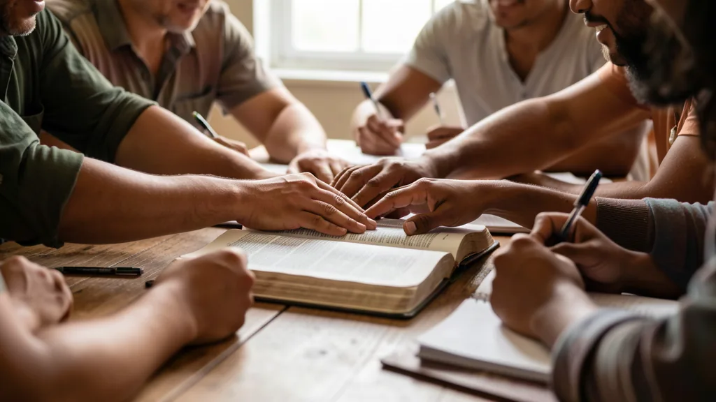 Hands around an open Bible and notebooks at a study table