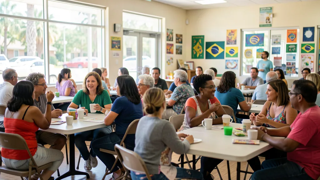 A bright community hall with Brazilian flags, full of people talking at tables