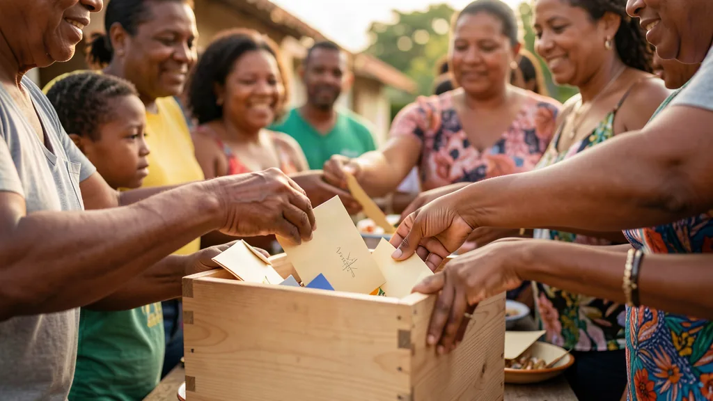 Hands placing envelopes into a wooden giving box