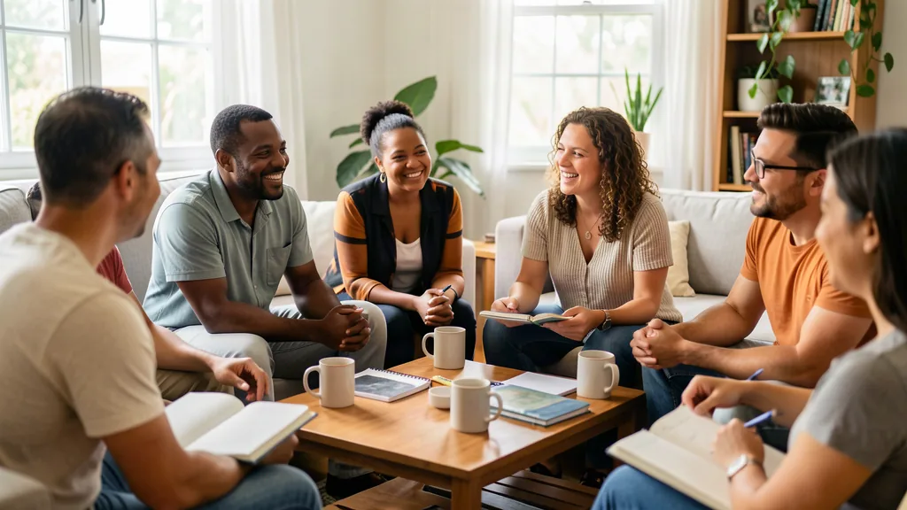 A small group talking around a coffee table in a bright living room