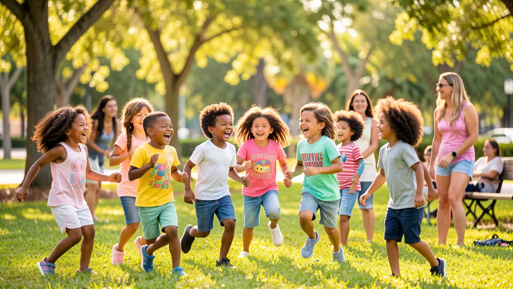 Children running and playing on the grass in a park