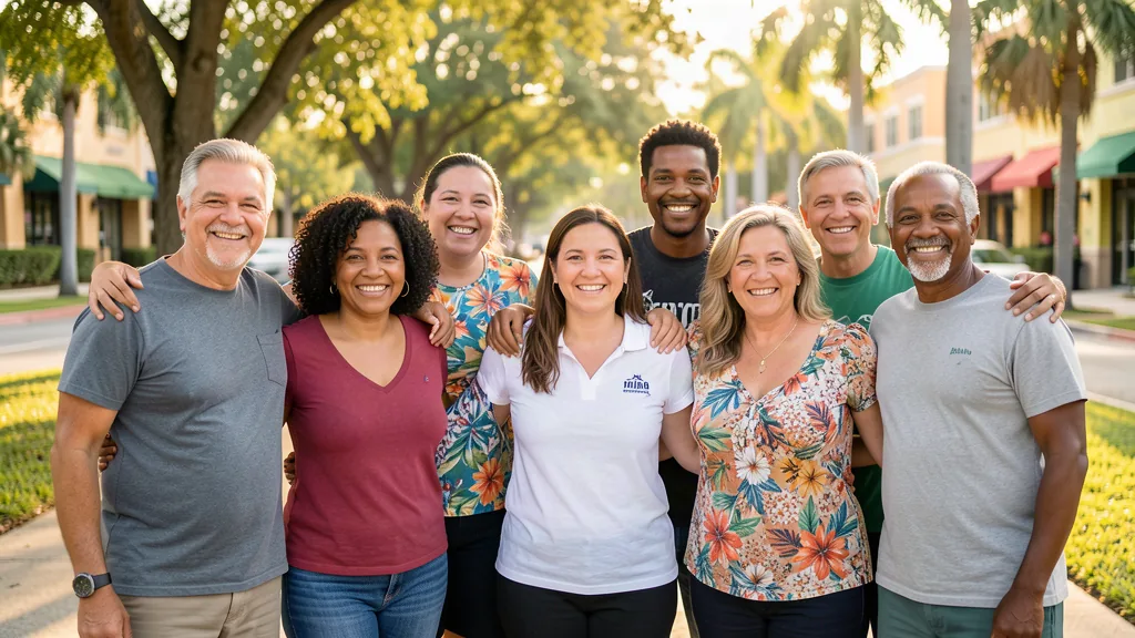 A group of neighbors standing together on a tree-lined street