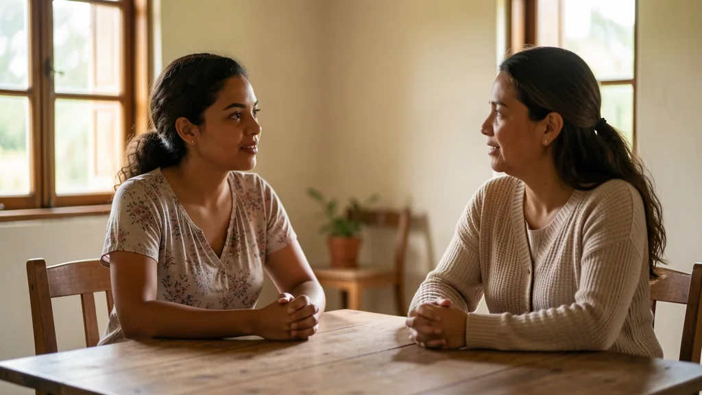 Two women in quiet conversation at a wooden table
