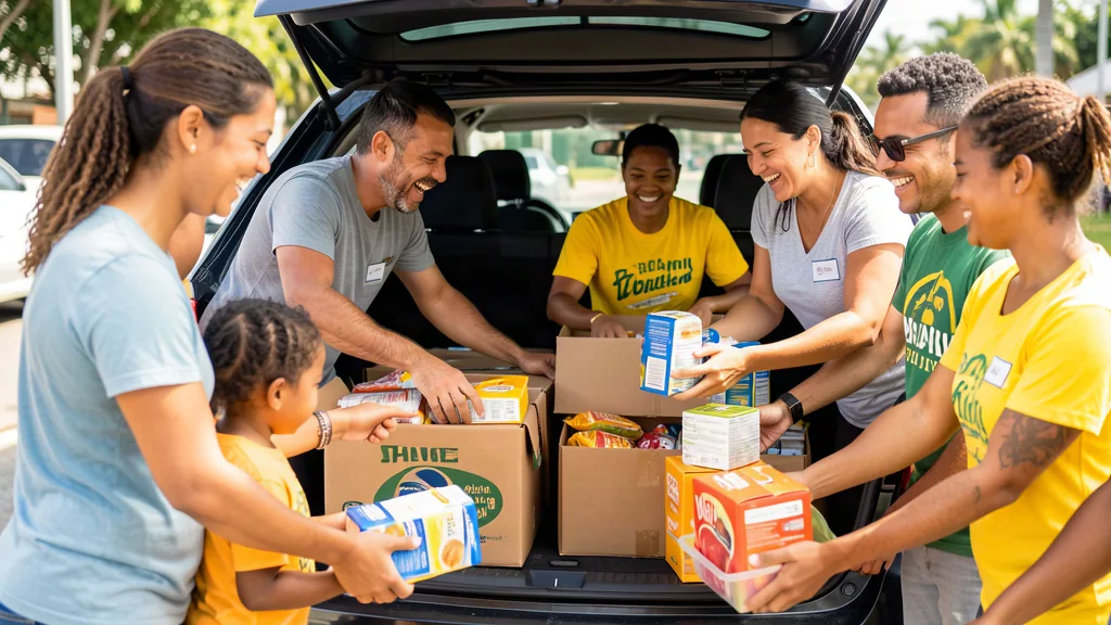 Volunteers loading boxes of groceries into the back of a car