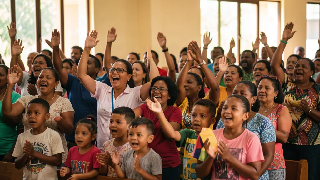 A room full of families and children raising their hands in celebration