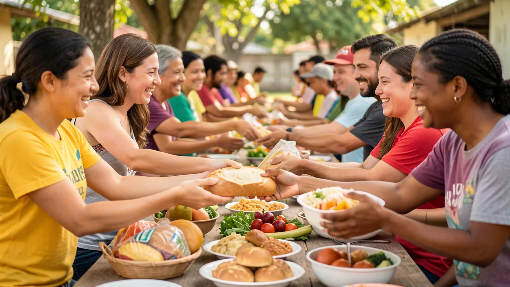 Volunteers serving bread and fresh food along a long outdoor table