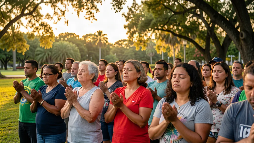 People praying together outdoors under oak trees in the evening light